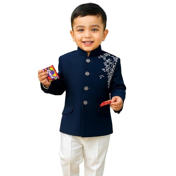 Navy Blue Embroidered Jacket & White Pant