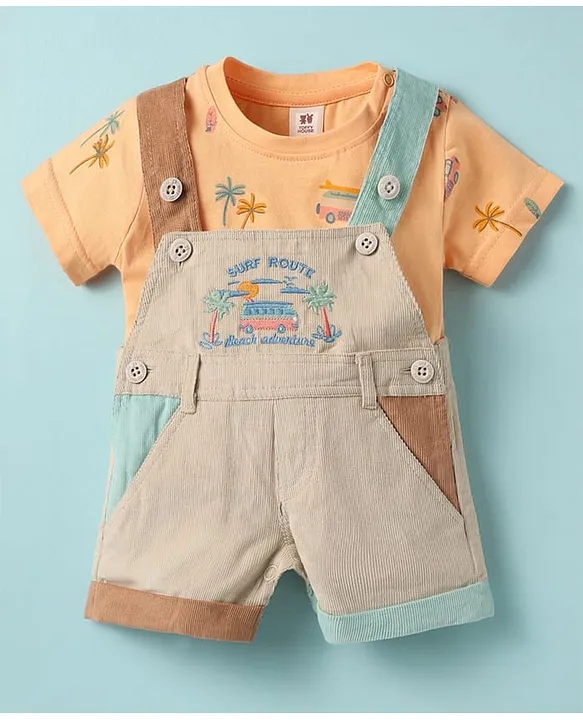 Cotton Knit Half Sleeves T-Shirt & Dungaree with Vehicle Print & Embroidery - Tan & Orange