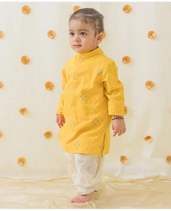 Cotton Full Sleeves Floral Embroidered Dhoti Kurta Set - Yellow